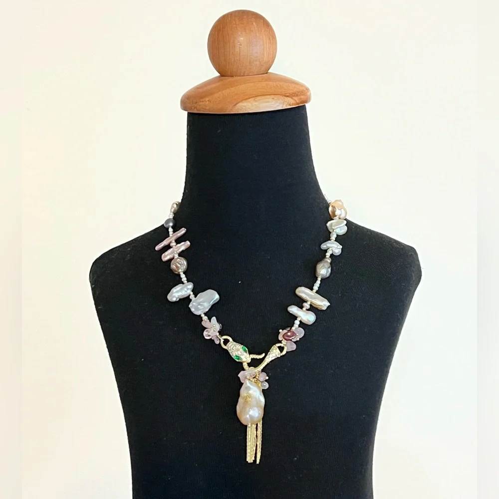 🐍 Handmade Freshwater Pearl Multi Gemstone 💎 Crystal Snake Accents Necklace - Picture 3 of 3